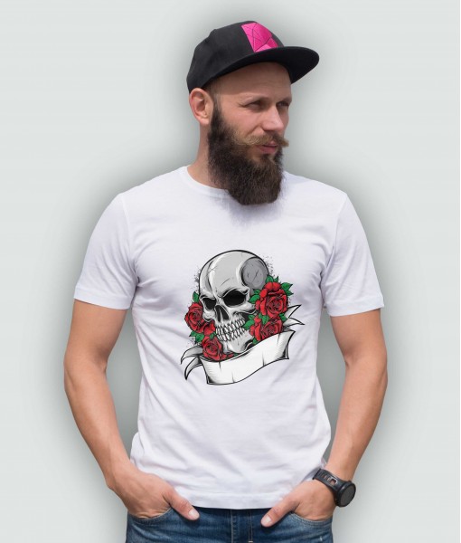 Мъжка тениска с щампа Готика Skull with roses - TShirtArtShop.com